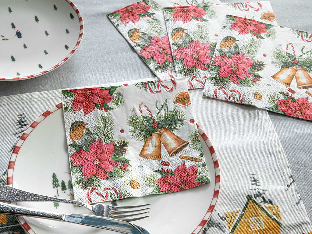 Poinsettia and Bells Tissue Napkin Simple Pleasures