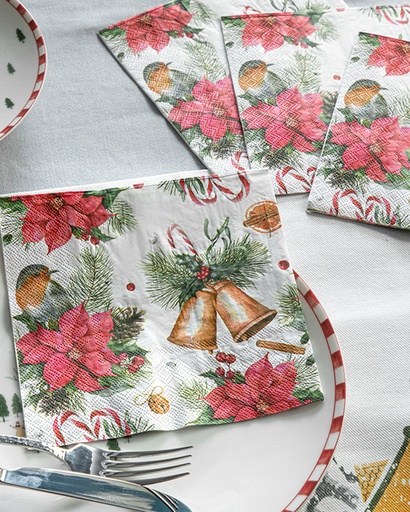 [10035745001] Poinsettia and Bells Tissue Napkin Simple Pleasures